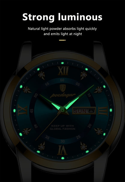 POEDAGAR Men's Luxury Business Quartz Watch - Luminous with Calendar Feature, Stainless Steel Band