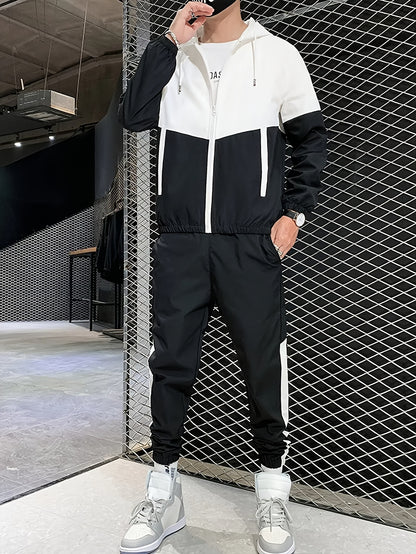 Men's Casual Athletic Hoodie and Pants Set - Color Block Design, Polyester, Machine Washable, Spring/Fall Sportswear, Blue & White Two-Piece Outfit, Everyday Activewear|Modern Athletic Look|Polyester Sportswear