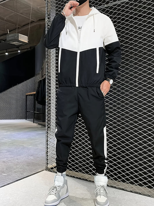 Men's Casual Athletic Hoodie and Pants Set - Color Block Design, Polyester, Machine Washable, Spring/Fall Sportswear, Blue & White Two-Piece Outfit, Everyday Activewear|Modern Athletic Look|Polyester Sportswear