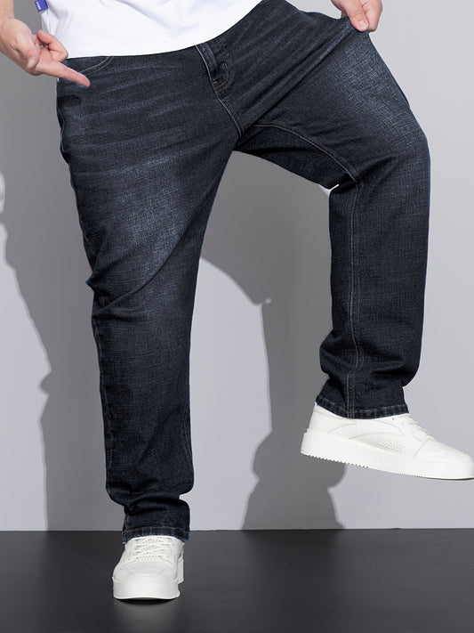 Men's Plus Size Loose Fit Stretchy Cotton Denim Pants, Lightweight Business Casual Jeans For All Seasons