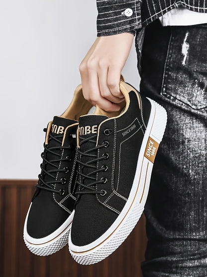 Men's Casual Low-Top Sneakers - Breathable Fabric & Durable PVC Sole, Black & Beige Contrast Design, Lace-Up Round Toe for All-Season Comfort, Versatile for Casual & Semi-Formal Wear, Comfortable Footwear, Fabric Upper