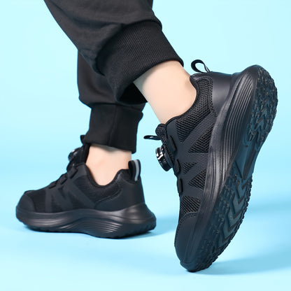 [Backtoschool Essential] Youngsters' Breathable Mesh Running Shoes with Rotating Buckle - Lightweight, All-Season Sneakers for Boys & Girls, Black, Casual & Sporty Design for School, Outdoor Activities & Casual Attire, Casual