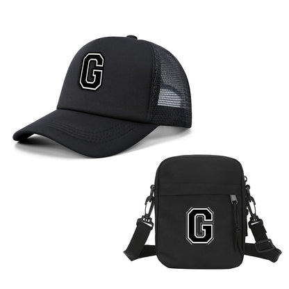 2pcs Men'S And Women'S 26-Letter Printed Trucker Hat & Bag Set, Mesh Breathable Versatile Casual Sun Hat, Suitable for Holiday Vacation, Mountain Climbing, Camping, Outdoor Street And Other Scenes, Suitable As a Birthday, Hol