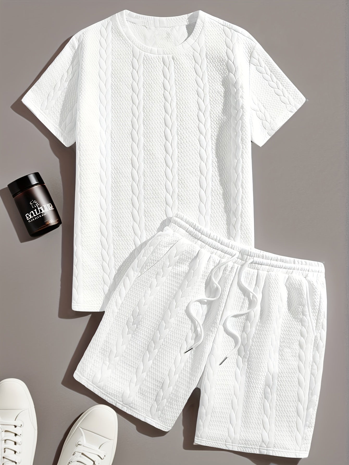 Men'S Casual Short Sleeve T-Shirt and Shorts Set - Knit, Light Gray, Two-Piece, All-Season Comfort, Drawstring Waist, Casual Style, Allseason Comfortwear | Casual Style Set | Knit Texture, Thick