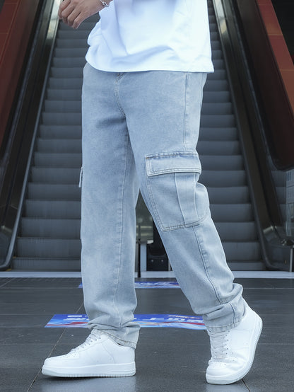 Men's Classic Blue Denim Jeans - 80%, Regular Fit, Machine Washable, Solid Color, All-Season Casual Wear, Comfortable Denim | Relaxed Fit Jeans | Textured Denim Pants