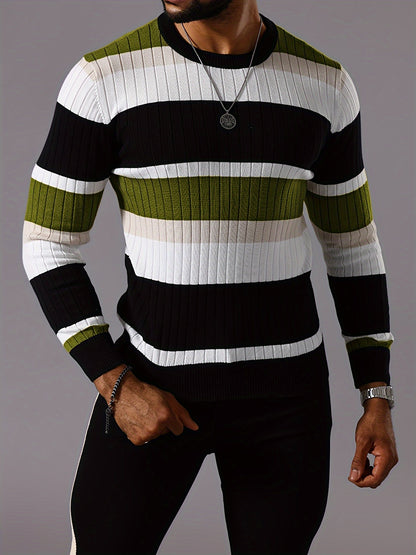 Men's Striped Color-Block Ribbed Knit Sweater - Long Sleeve Round Neck Pullover with Elastic Comfort Fit, Machine Washable Casual Fall Winter Top in Black/White/Green/Beige, Knit Sweater, Medium Elasticity