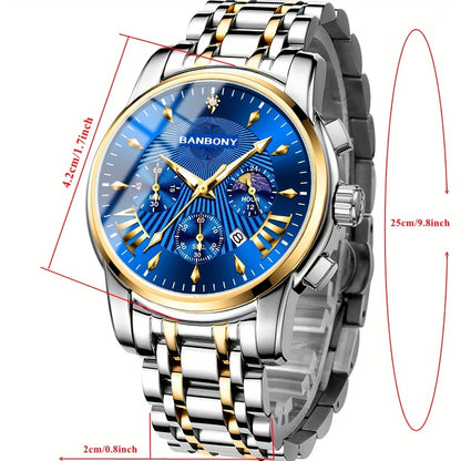 BANBONY Automatic Quartz Watch for Men & Women - Stainless Steel Strap, Blue & Golden HD Large Dial, IPX7 Waterproof, Rhinestone Accents, Date Calendar, Luminous Hands - Casual Fashion Unisex Watch for Birthday Holiday Gifts,
