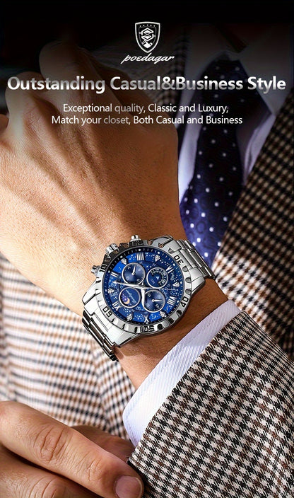 POEDAGAR Men'S Luxury Stainless Steel Quartz Watch with Moon Phase and Calendar - Waterproof, Night-Glow Hands, and Detailed Dial for Business and Formal Attire, Formal Watch | Detailed Watch Face | Quartz Movement