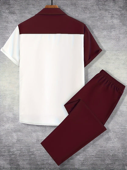 Men'S Casual Two-Piece Spring/Summer Color Block Short Sleeve Shirt and Pants Set - Polyester, Regular Fit, Button-Up with Pocket, No Belt, All-Season Wear, Casual Attire|Casual Style|Polyester Fabric