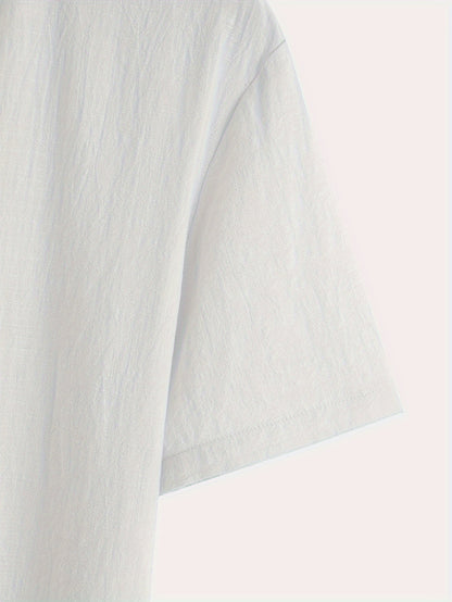 Men'S Classic Solid Color Pure Cotton And Bamboo Textured Breathable Fabric V-Neck Half-Button Design Suitable for Daily Casual Wear, Simple And Versatile, Stylish for Vacations, Hawaiian Style Light Blue Short-Sleeve Shirt.