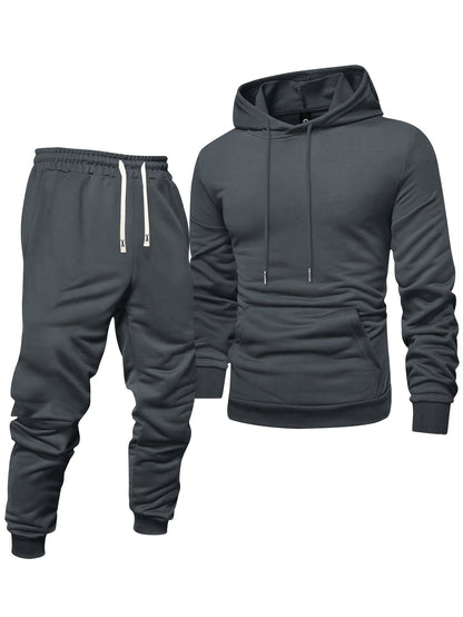 Men's Long Sleeve Hooded Sweatshirt + Threaded Sweatpants Set Spring and Autumn Solid Color Pullover Regular Long Sleeve T-shirt and Pants Belt Drawstring Casual Sports Trousers Two-piece Set