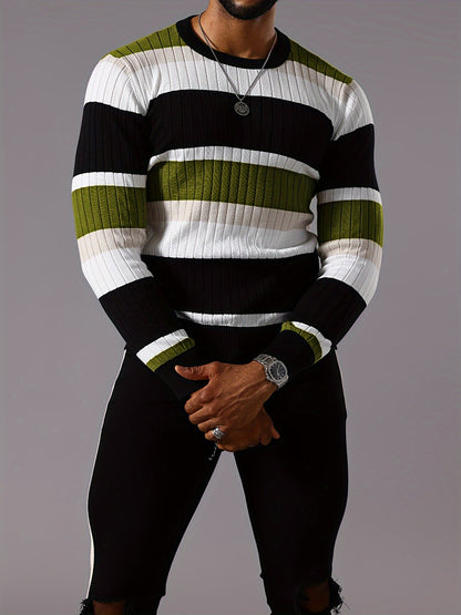 Men's Striped Color-Block Ribbed Knit Sweater - Long Sleeve Round Neck Pullover with Elastic Comfort Fit, Machine Washable Casual Fall Winter Top in Black/White/Green/Beige, Knit Sweater, Medium Elasticity