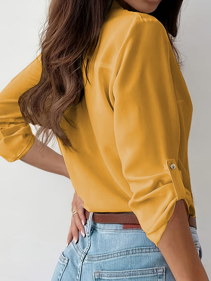 Elegant Solid Color Women's Shirt - Polyester, Button-Up, Non-Sheer, Machine Washable for Spring/Autumn