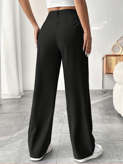 Women's Casual Wide-Leg Pants with High Waist and Slight Flare - Solid Color, Polyester, Machine Washable