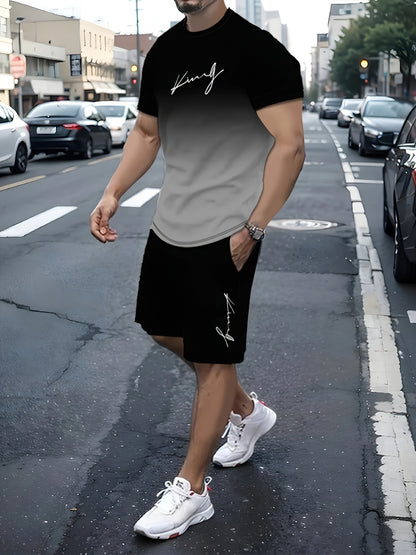 King Signature Men's Two-Piece Athletic Outfit: Graduated Color T-Shirt and Shorts - Summer Collection - High-Quality King Print - Men's Casual Sportswear - Middle East