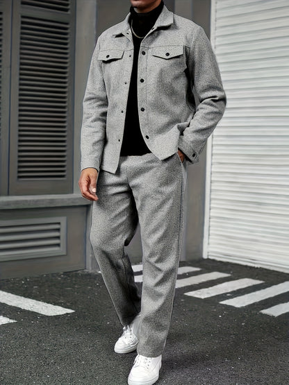 Men'S Two-Piece Casual Outfit - Black Button-Up Shirt & Pants, Long Sleeve, Loose Fit, Non-Stretch Fabric, Perfect for Spring/Fall, Casual Attire|Relaxed Fit|Buttonup Shirt