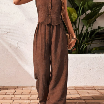Women's Solid Color Front Buckle Sleeveless Shirt and Trousers Casual Suit Spring/Autumn Women's Fashion Elegant Unique Two-Piece Set
