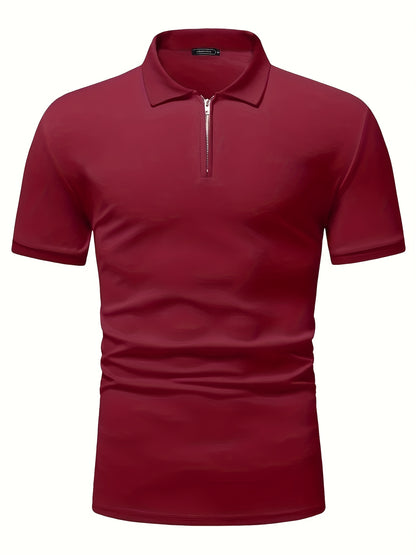 Casual Stretch Men's Solid Color Zipper Lapel Golf Shirt, Male Summer Streetwear