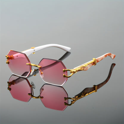 1pc Retro Frameless Glasses for Men & Women, Irregular Shaped PC Lens, Metal Hinge, Climbing Sports, Imitation Wood Grain, Fashionable Decorative Eyewear, Suitable for Daily Wear & Holiday