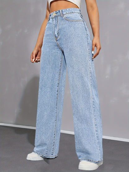 Women's High-Waist Light Blue Denim Wide-Leg Jeans with Elastic Waistband - Casual, Non-Stretch, Button Closure, Perfect for All Seasons