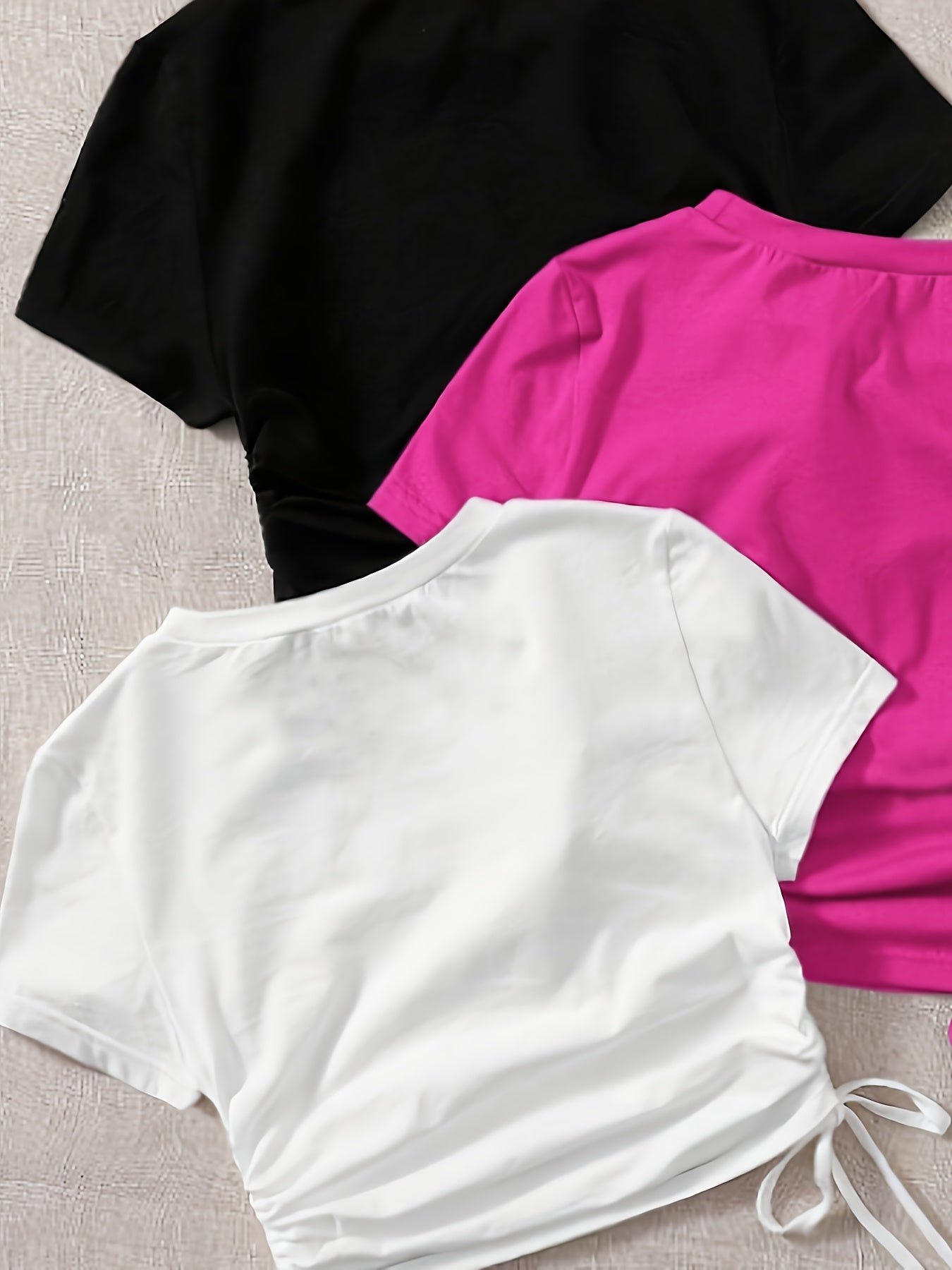 3 Pack Drawstring Crew Neck T-Shirt, Casual Short Sleeve T-Shirt For Spring & Summer, Women's Clothing
