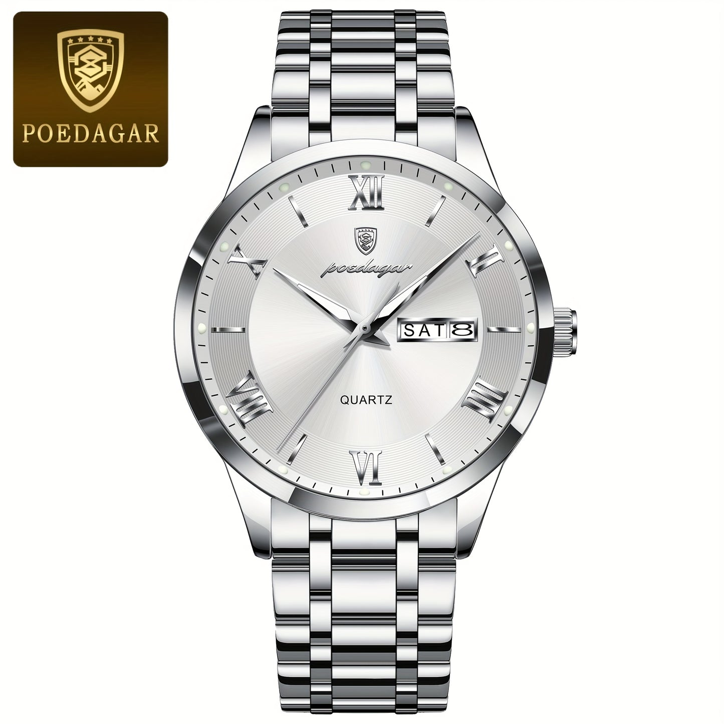 POEDAGAR Men'S Quartz Watch, Sports Style, Waterproof 3ATM, Luminous Calendar, Stainless Steel Strap, Pointer Display, Alloy Case, Electronic Drive, Non-Rechargeable Button Battery, with Spring Festival and Football Holiday T