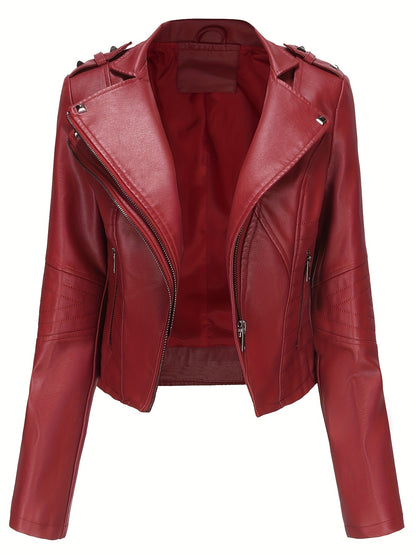Women'S Casual Faux Leather Jacket, Solid Color, Long Sleeve, Regular Length, Fall/Winter, Zipper Placket, Woven, Non-Stretch Fabric, 100% Polyurethane, Lapel Collar, Dipped Hem Detail