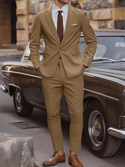 2pcs Men's Elegant Business Casual Suit Set - Includes Classic Lapel Blazer & Dress Pants, Polyester/Rayon Blend, with Pockets - Perfect for Weddings & Formal Occasions