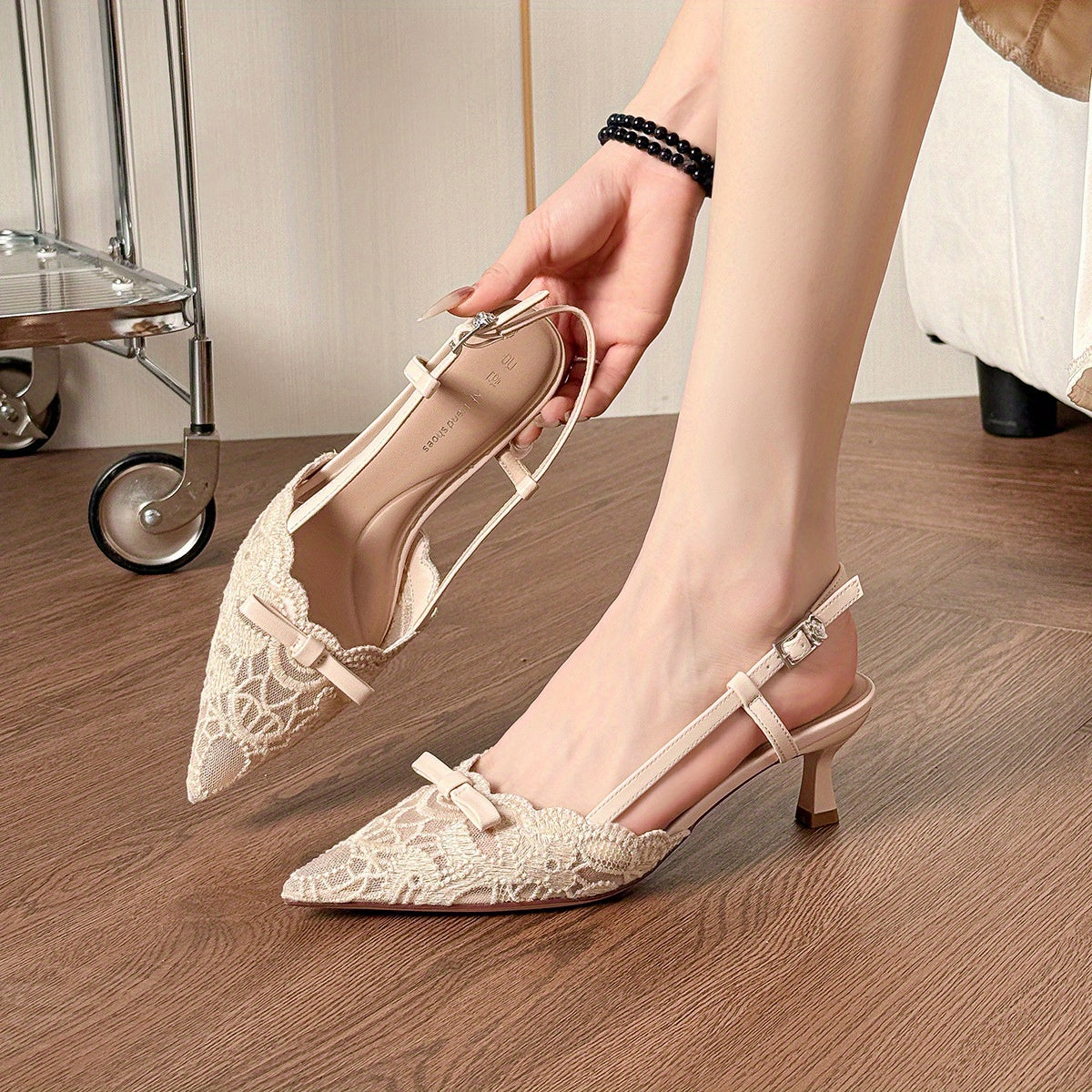 Women'S Elegant Lace-Embroidered Pointed-Toe High Heel Sandals - Beige Block Heel, Ankle Strap with Buckle, Breathable Mesh Upper, Comfortable Summer & All-Season Wear, High Heel Sandals