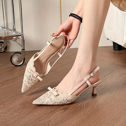 Women'S Elegant Lace-Embroidered Pointed-Toe High Heel Sandals - Beige Block Heel, Ankle Strap with Buckle, Breathable Mesh Upper, Comfortable Summer & All-Season Wear, High Heel Sandals