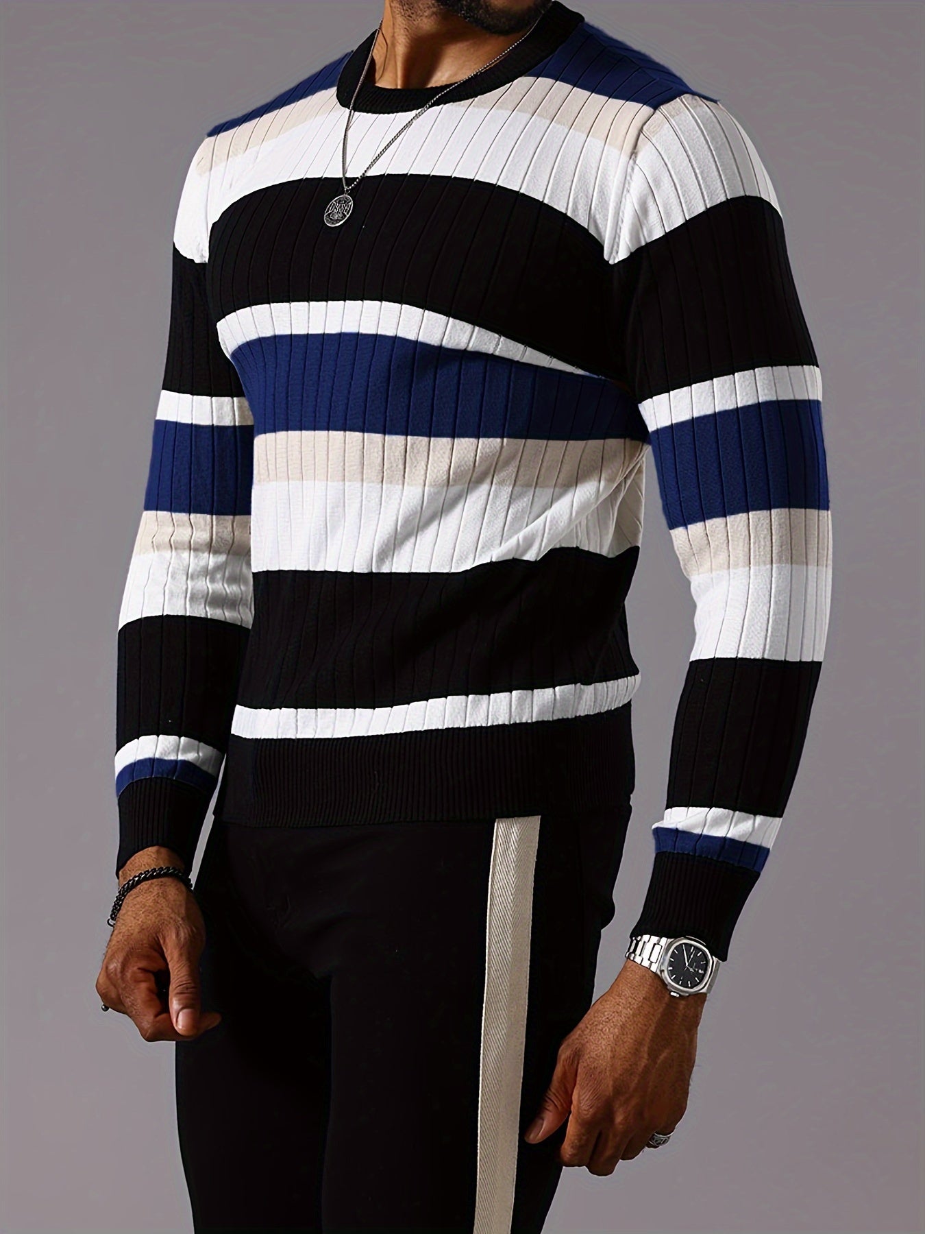 Men's Striped Color-Block Ribbed Knit Sweater - Long Sleeve Round Neck Pullover with Elastic Comfort Fit, Machine Washable Casual Fall Winter Top in Black/White/Green/Beige, Knit Sweater, Medium Elasticity
