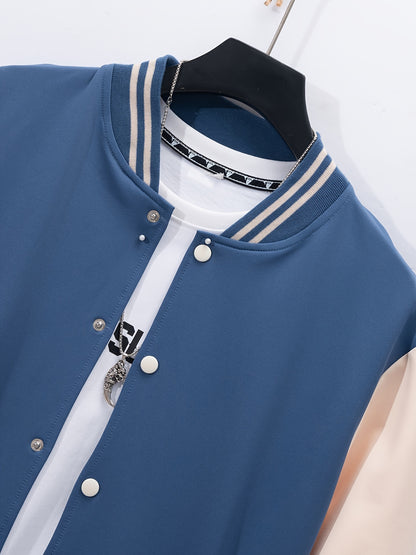 Men's Casual Baseball Jacket & Pants Set - Color Block, Polyester, Button-Up with Belt Detail for Spring/Fall