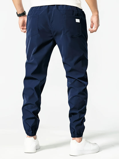Men's Solid Color Drawstring Cargo Pants - Casual, Loose Fit with Multiple Pockets, Machine Washable