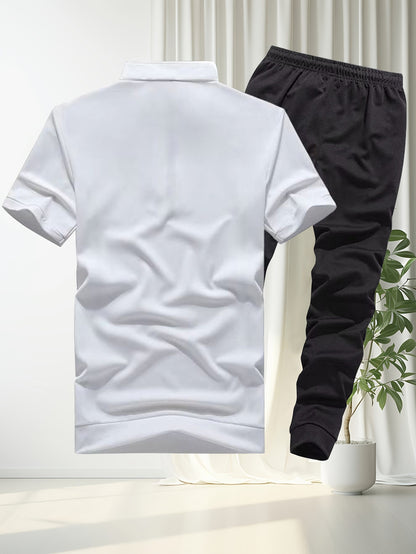 Men'S Casual Summer Two-Piece Set - Loose Fit Short Sleeve Zipper Polo Shirt & Joggers with Side Stripes, Polyester, Ideal for Hot Weather, Summer Casual Wear|Striped Pattern|Polyester Fabric