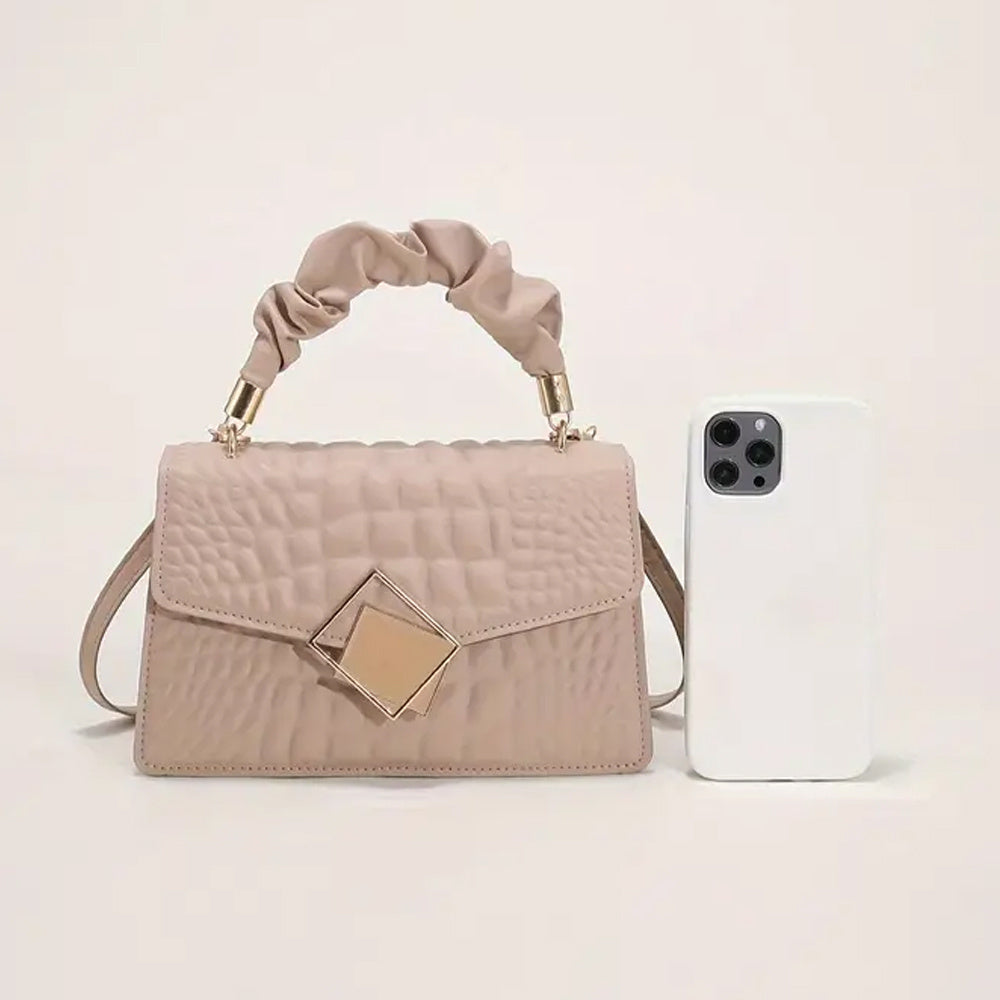 Fashion Embossed Crossbody Bag with Pleated Handle - Women'S Solid Color Stylish Shoulder Bag, Plain Crossbody Bag with Pleated Handle, Small Square Bag in Stone Pattern.