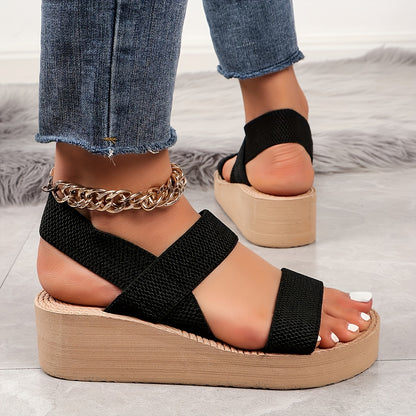 Serene Walk, Women's Summer Wedge Sandals - Comfortable Slip-On Beach Shoes with Elastic Ankle Straps, Round Toe Design, EVA Sole