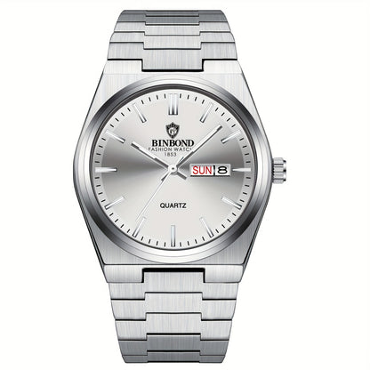 BINBOND Fashion Solid Stainless Steel Buckle Men's Business Casual Quartz Watch Thin Double Calendar Men's Watch