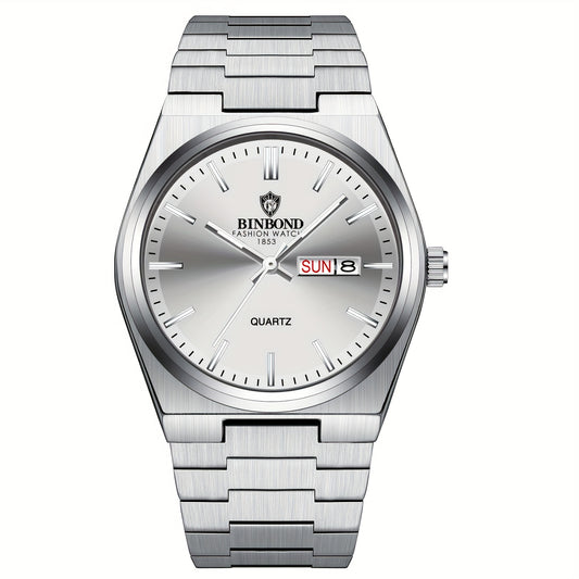 BINBOND Fashion Solid Stainless Steel Buckle Men's Business Casual Quartz Watch Thin Double Calendar Men's Watch