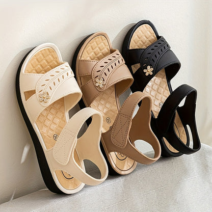 Women's Slip-On Sandals - Non-Slip Cushioned insoles, Beige/White - Low Heel Beach, Office, Everyday Shoes - Slip-Resistant Platform Footwear for Women, Ladies Shoes And Sandals, Crisscross Strap Design, Decorative Embellishm