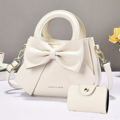 FIDM Women'S Chic Beige Crossbody Bag with Bow Detail - Versatile Synthetic Faux Leather Shoulder Purse with Zipper Closure, Elegant Design for Casual or Formal Occasions, Casual Shoulder Bag | Elegant Women'S Accessory | Syn