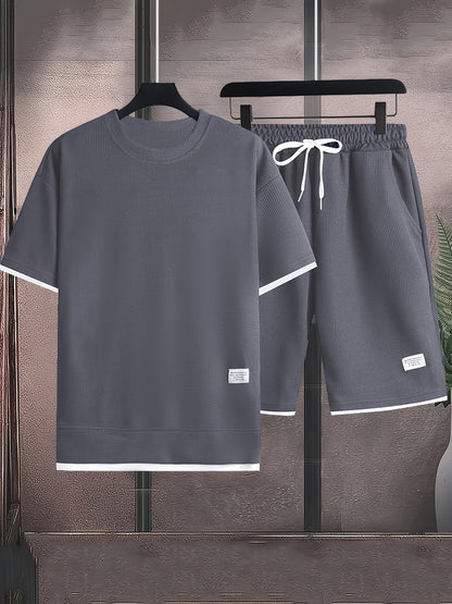Waffle short-sleeved T-shirt Men's casual sports suit summer loose fake two-piece half-sleeve T-shirt set