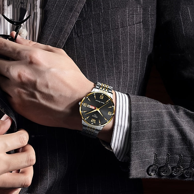 DEBLVE Men's Sleek Business Watch - Ultra-Thin Alloy, Luminous Hands, Calendar & Week Display, Waterproof, Sporty Steel Strap with Secure Clasp