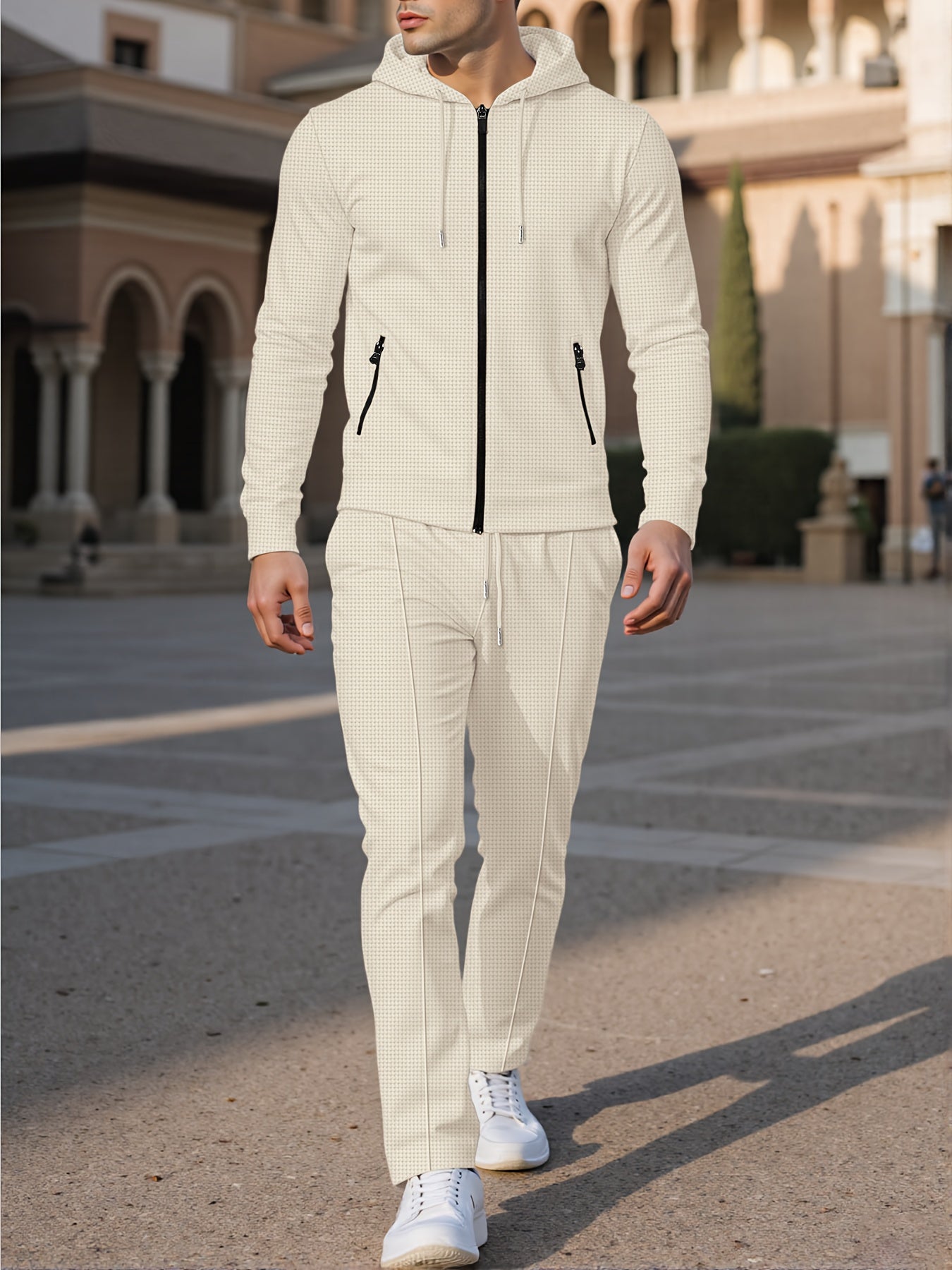 New Style Autumn Men's 2pcs Set, Casual Hooded Long Sleeve Zip-Up Sweatshirt and Drawstring Jogger Pants with Pockets, All-Season Outfit for Men