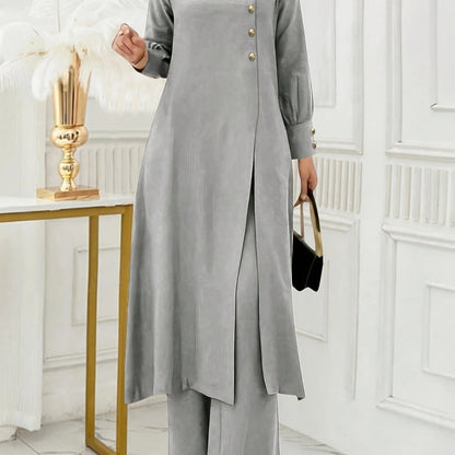 Ramadan, Women's Front-Button Long Sleeve Slit Dress & Pants Casual Arabic Style 2pcs Set, Only Clothes, Without Headscarf
