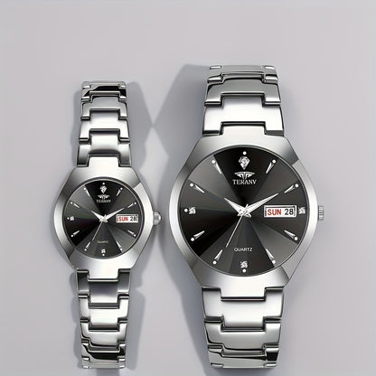 2pcs Couple Watches for Men & Women - Stainless Steel Strap, Rhinestone Accents, Luminous HD Display with Week Calendar, Quartz Movement, Elegant Gift for Valentine's Day, Mother's Day, Father's Day, Special Occasion Watch |