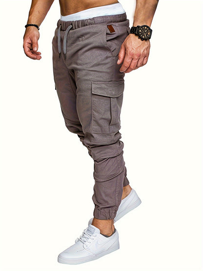 Men'S Casual Cargo Pants, 95% Cotton 5% Spandex, Skinny Fit, Solid Color, Long Length, Woven Fabric, Non-Stretch, with Pockets, 215g/m² Weight