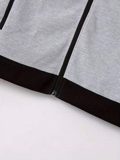 Men's Sporty Color Block Zip-Up Jacket & Joggers Set - Polyester Blend, Perfect for Spring/Fall