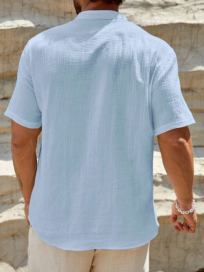 Men'S Classic Solid Color Pure Cotton And Bamboo Textured Breathable Fabric V-Neck Half-Button Design Suitable for Daily Casual Wear, Simple And Versatile, Stylish for Vacations, Hawaiian Style Light Blue Short-Sleeve Shirt.