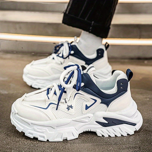 Men'S Breathable Mesh Sneakers with Thick Cushioned Sole - Lightweight Low-Top Lace-Up Shoes for Running, Hiking & Casual Wear, Navy Blue & White Design, All-Season Comfort, Sneakers, Hiking Footwear, Stylish Laceup Shoes, Du