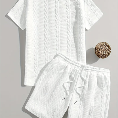 Men'S Casual Short Sleeve T-Shirt and Shorts Set - Knit, Light Gray, Two-Piece, All-Season Comfort, Drawstring Waist, Casual Style, Allseason Comfortwear | Casual Style Set | Knit Texture, Thick